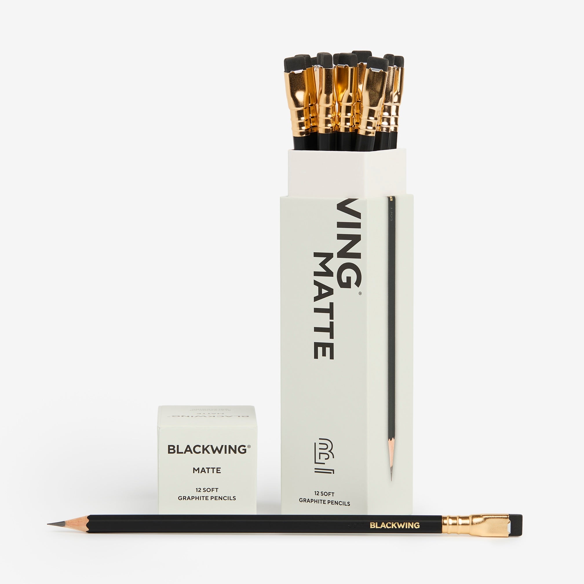 Set of Blackwing matte graphite pencils with packaging on a white background