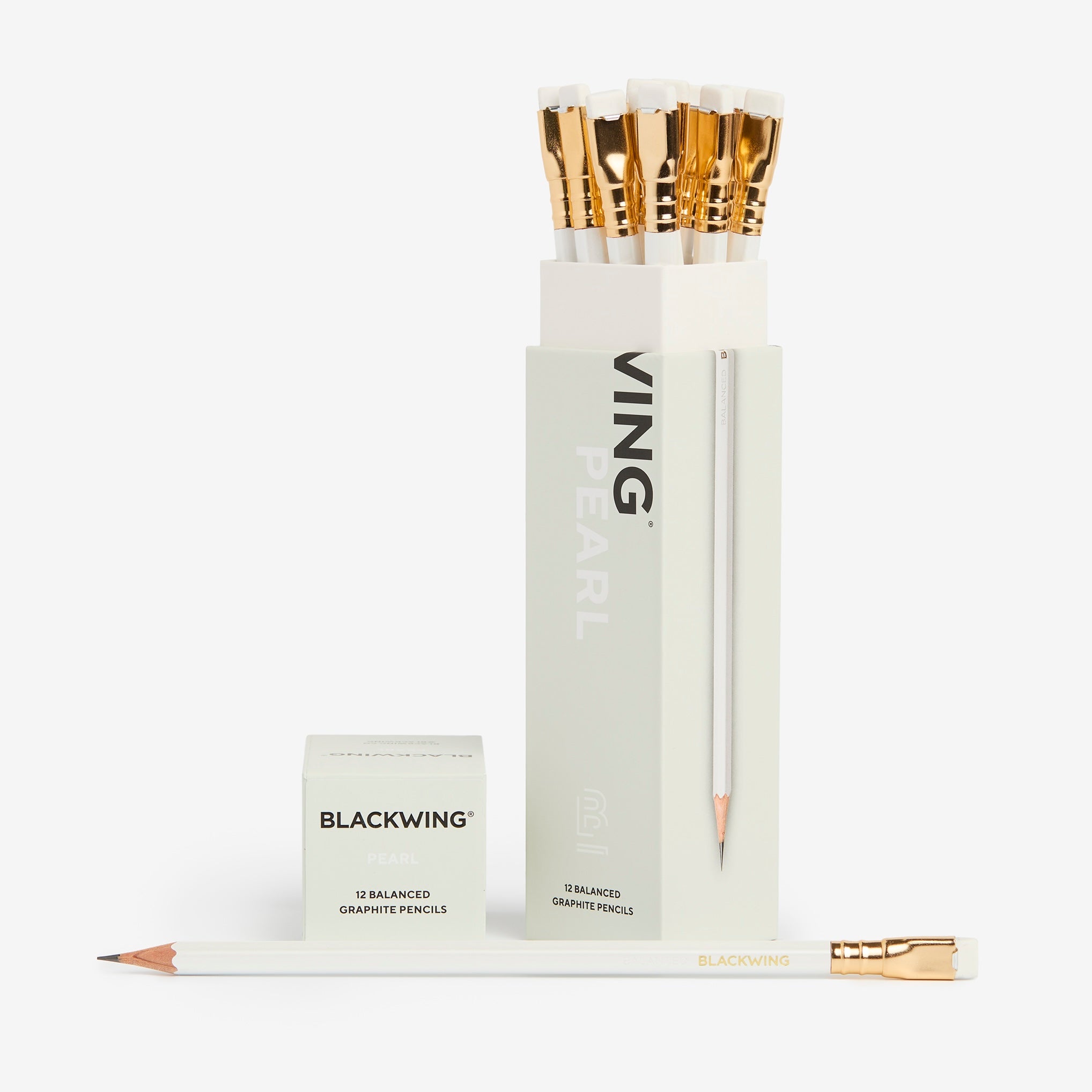 Set of Blackwing pencils with a white box on a white background