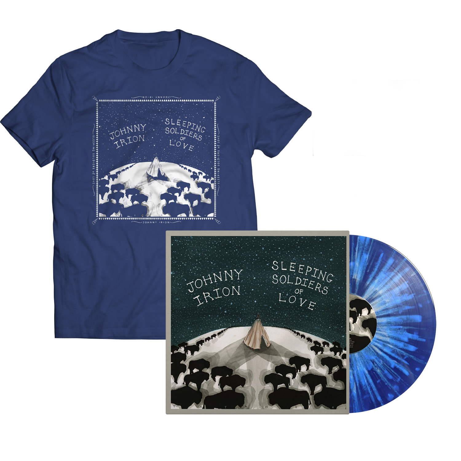 Blue t-shirt with album cover design and vinyl record on a white background