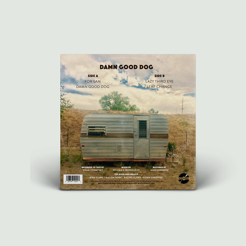Album cover with a vintage trailer in a field and text 'Damn Good Dog' on a beige background.