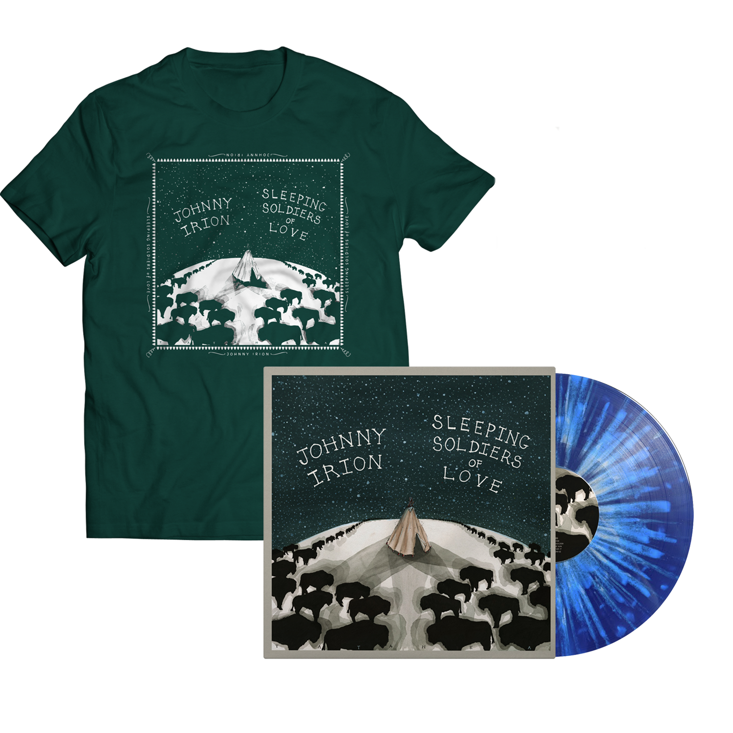 Green t-shirt with album cover design and blue vinyl record with sleeve on a white background