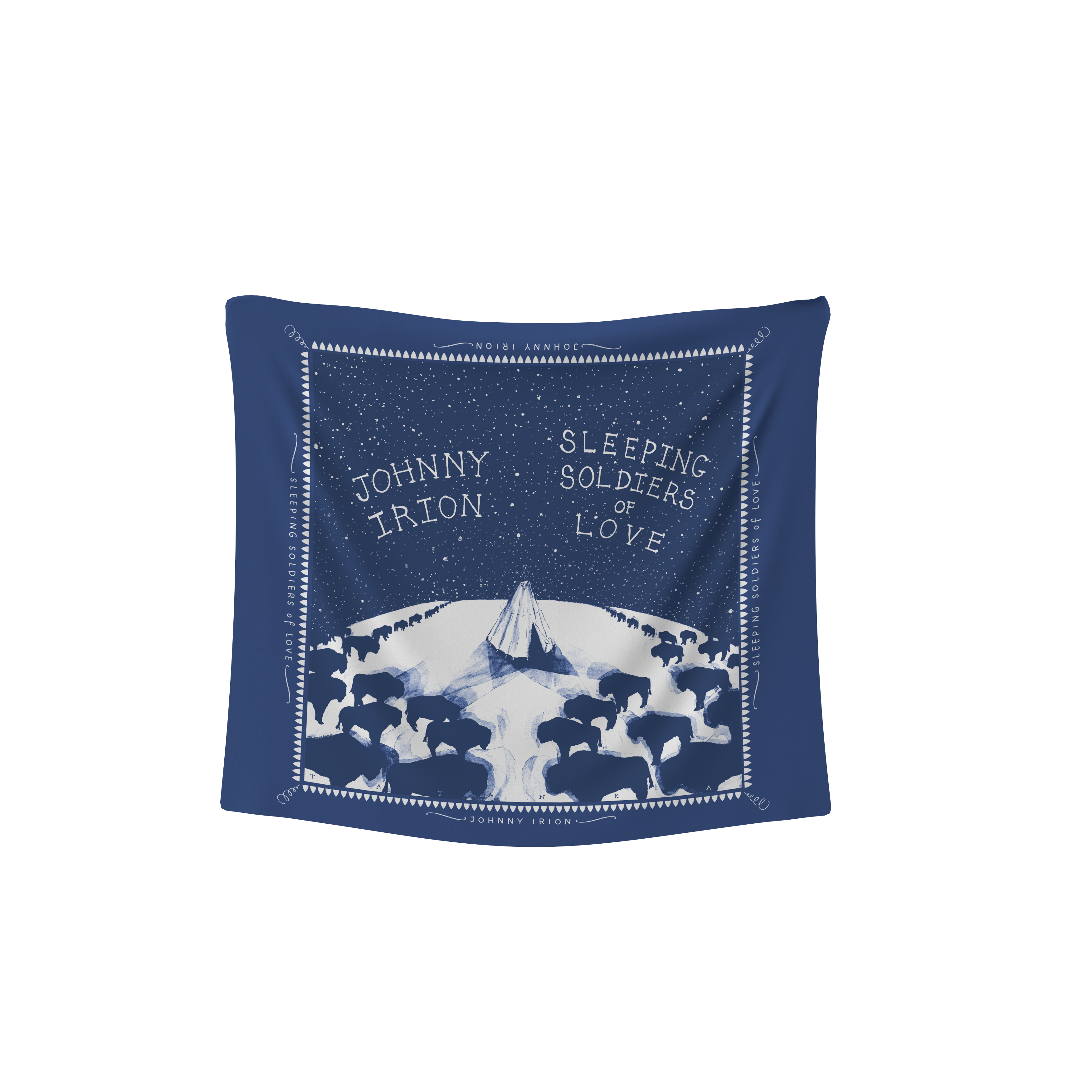 Navy blue bandana with white graphic and text on a white background