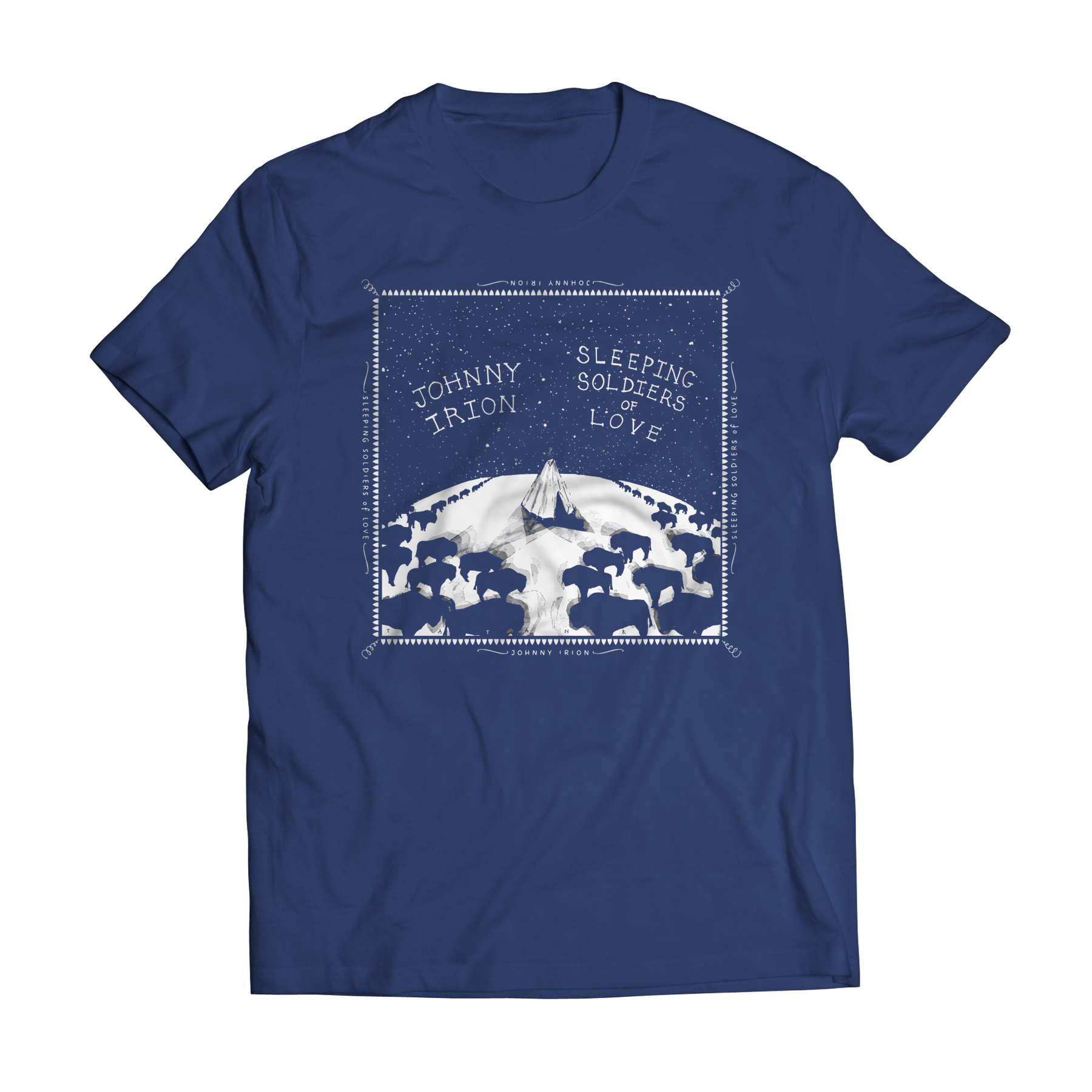 Blue t-shirt with graphic design and text on a white background