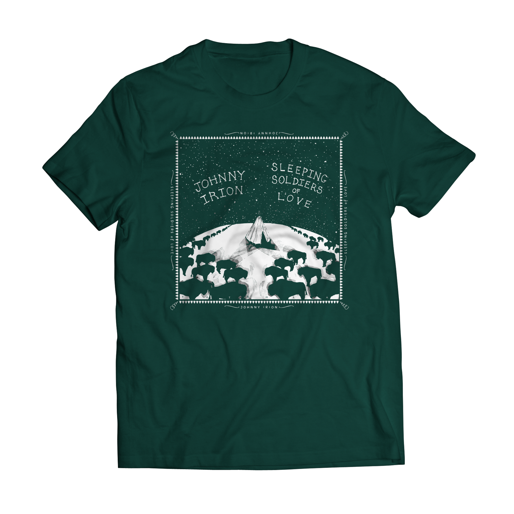 Green t-shirt with graphic design and text on a white background