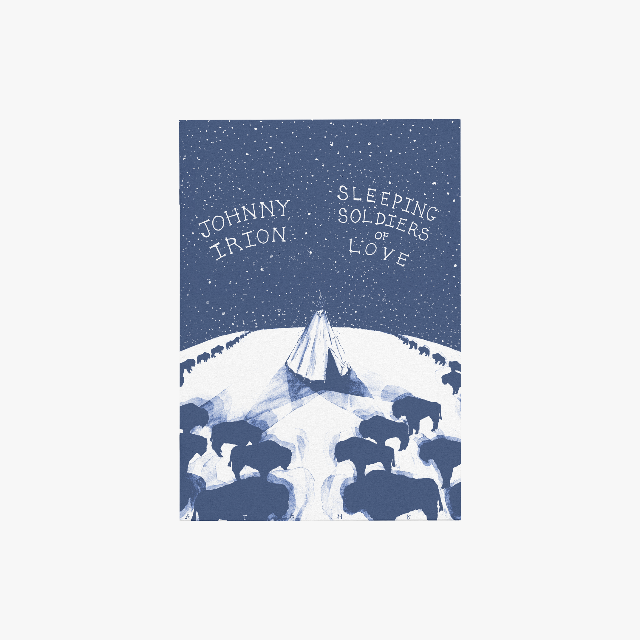 Album cover with mountain and buffalo design, text 'Johnny Irion' and 'Sleeping Soldiers of Love'.