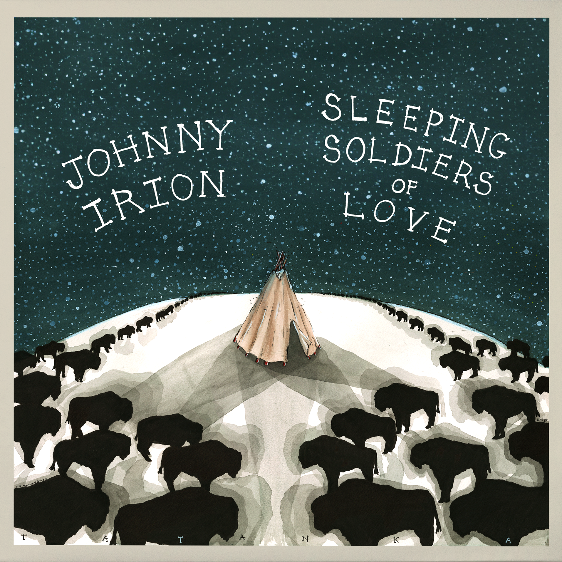 Album cover with a tent and animals under a starry sky, featuring the text 'Johnny Irion' and 'Sleeping Soldiers of Love'.