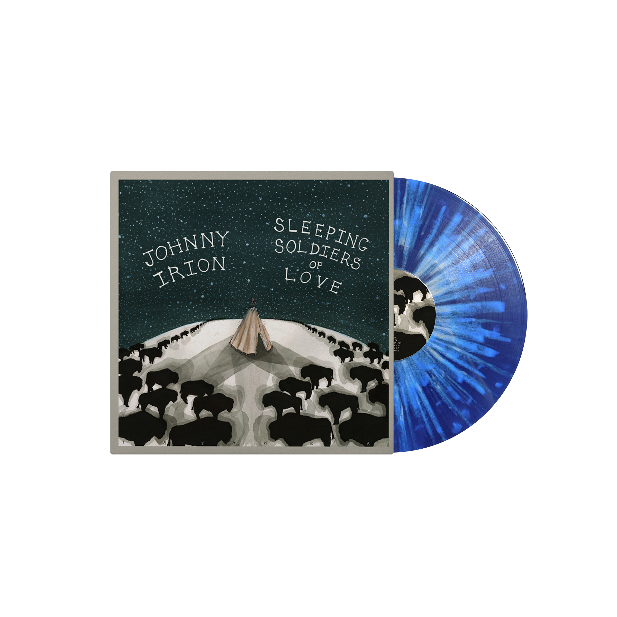 Vinyl record with cover featuring 'Johnny Irion' and 'Sleeping Soldiers of Love' on a white background